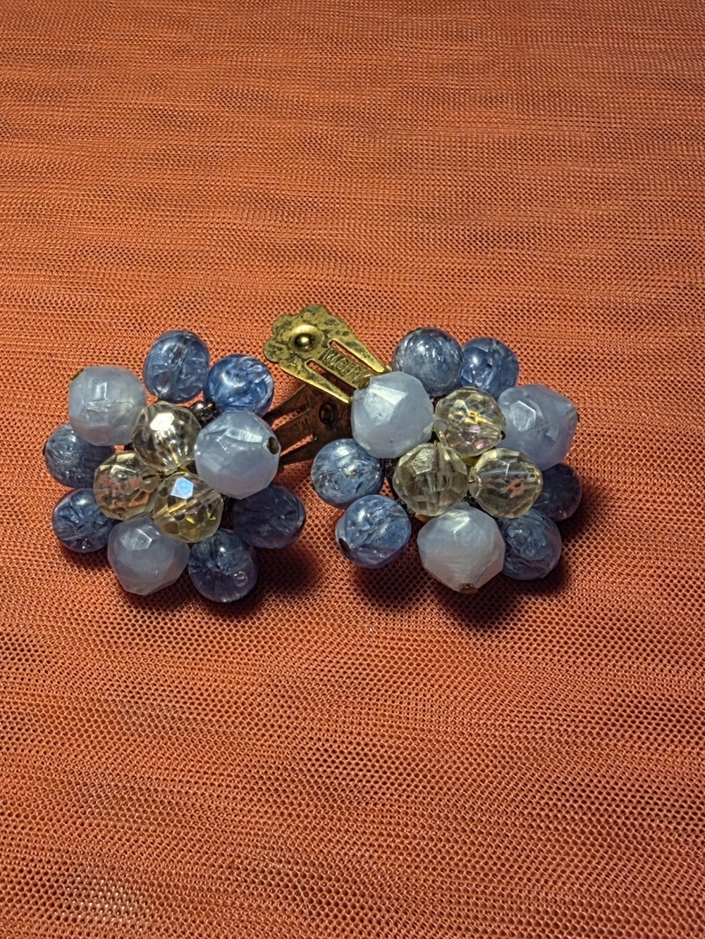 Vintage West Germany Blue Bead Cluster Clip-On Earrings